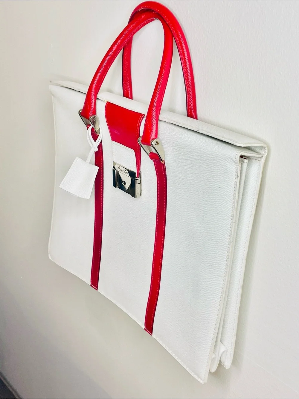 Brahmin White Structured Satchel w/ Red Trim & Silver Clasp